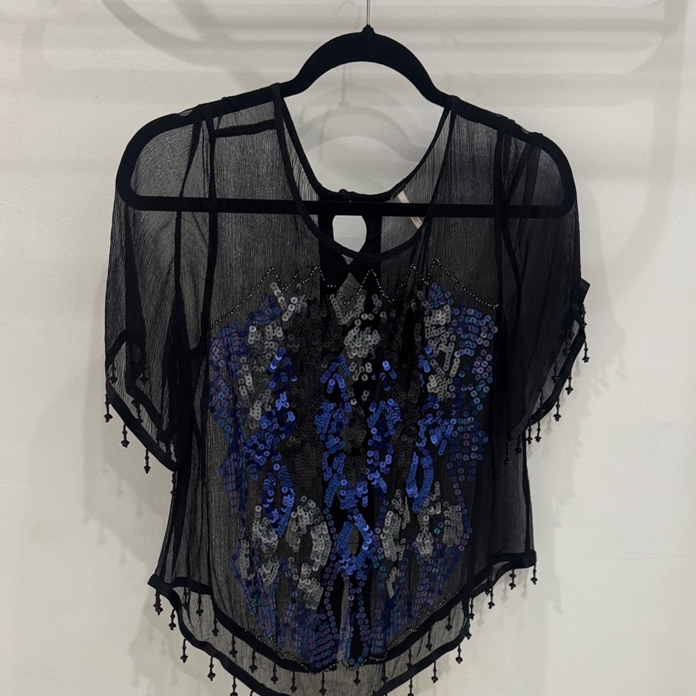 Free People Black Sheer Top with Blue Sequins